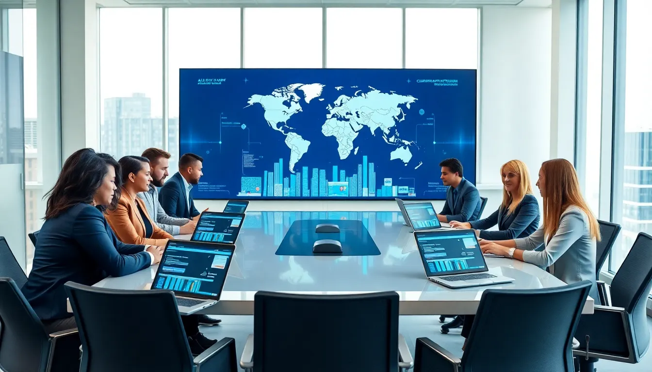 diverse professionals collaborating on cloud computing strategies in a modern office.