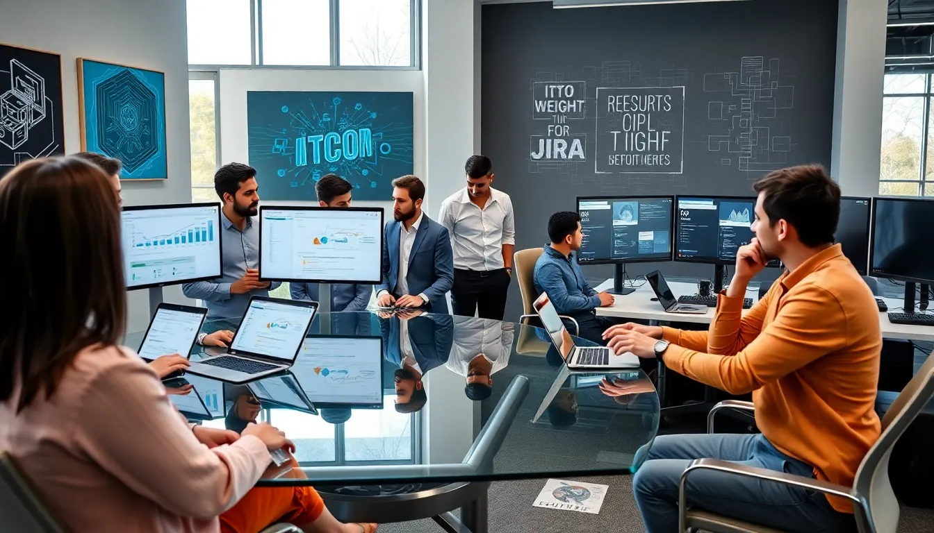 diverse teams discussing Jira and Azure DevOps in a modern office.