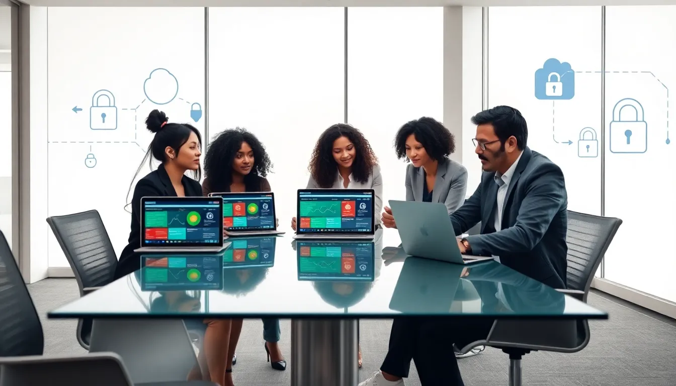 diverse team discussing identity and access management in a modern office.