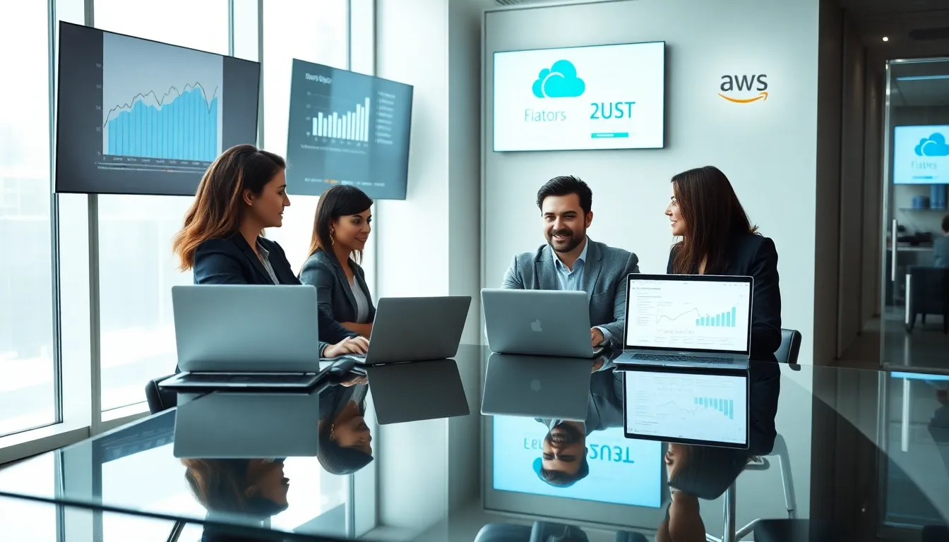 diverse finance team discussing cloud computing in a modern office.