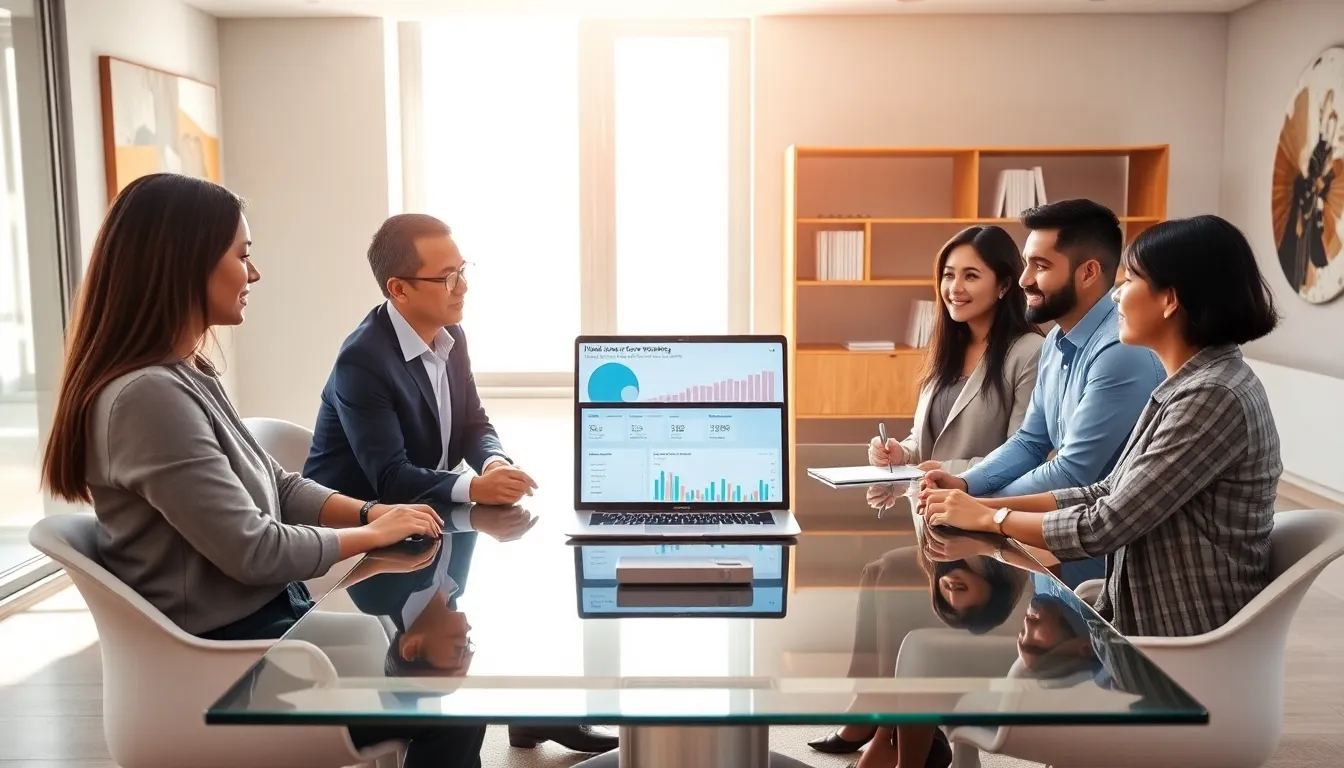 diverse team discussing cloud computing in a modern bank office.