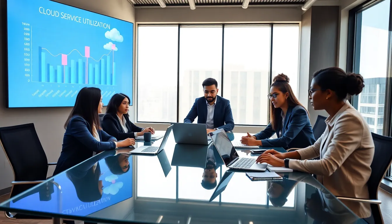 diverse team discussing cloud computing in a modern office.