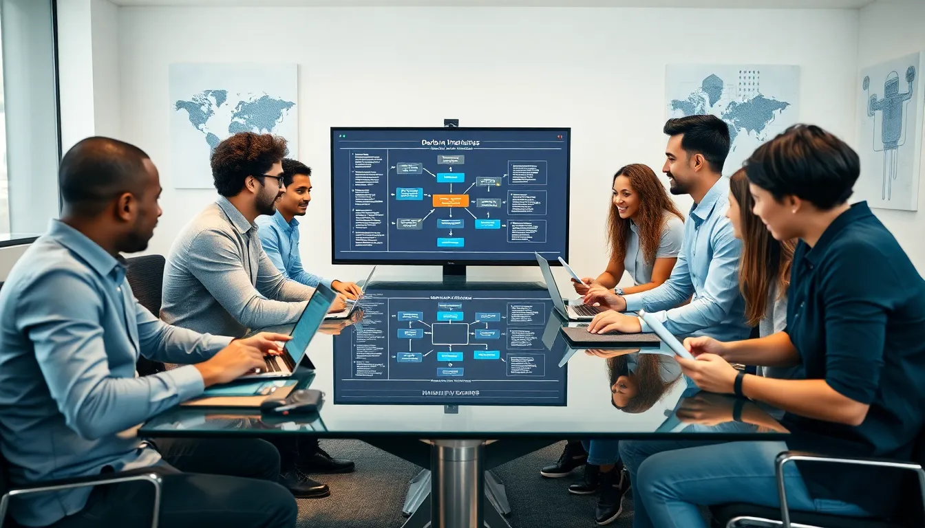 diverse team collaborating on DevOps in a modern office.