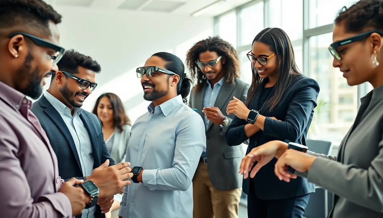 diverse professionals using meta wearables in a modern office.