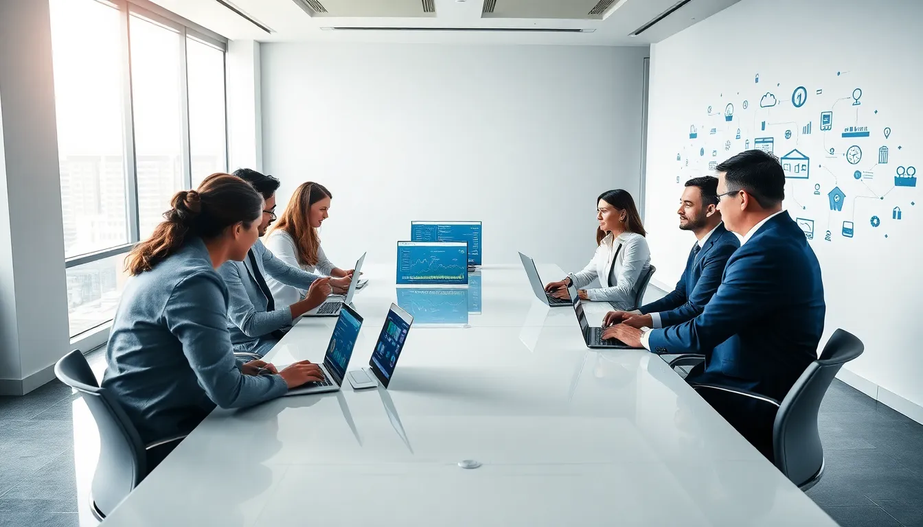 diverse IT team discussing cloud security services in a modern office.