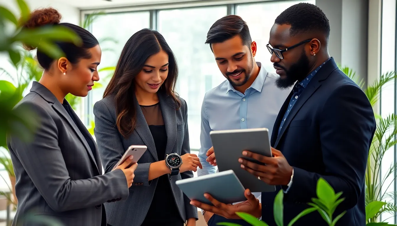diverse professionals discussing Huawei wearables in a modern office.