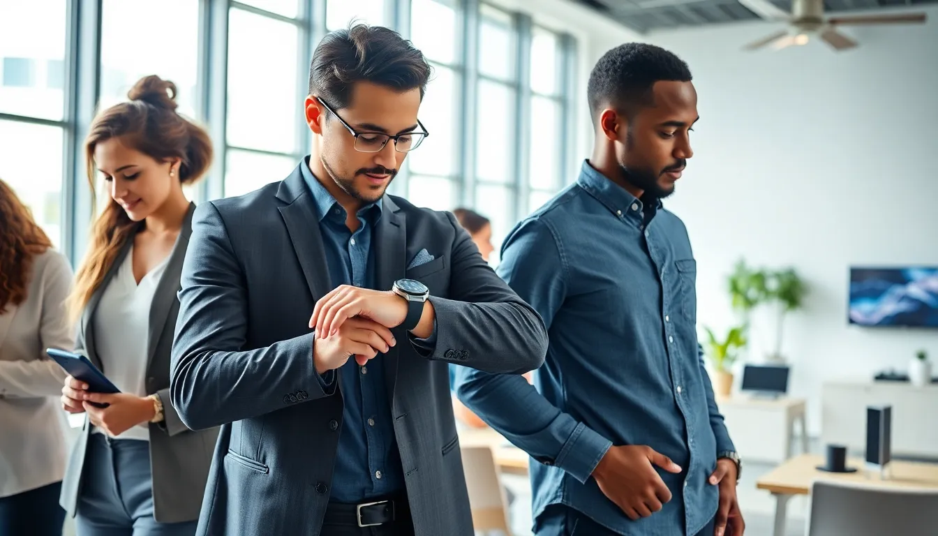 diverse team using I Touch Wearables in a modern office.