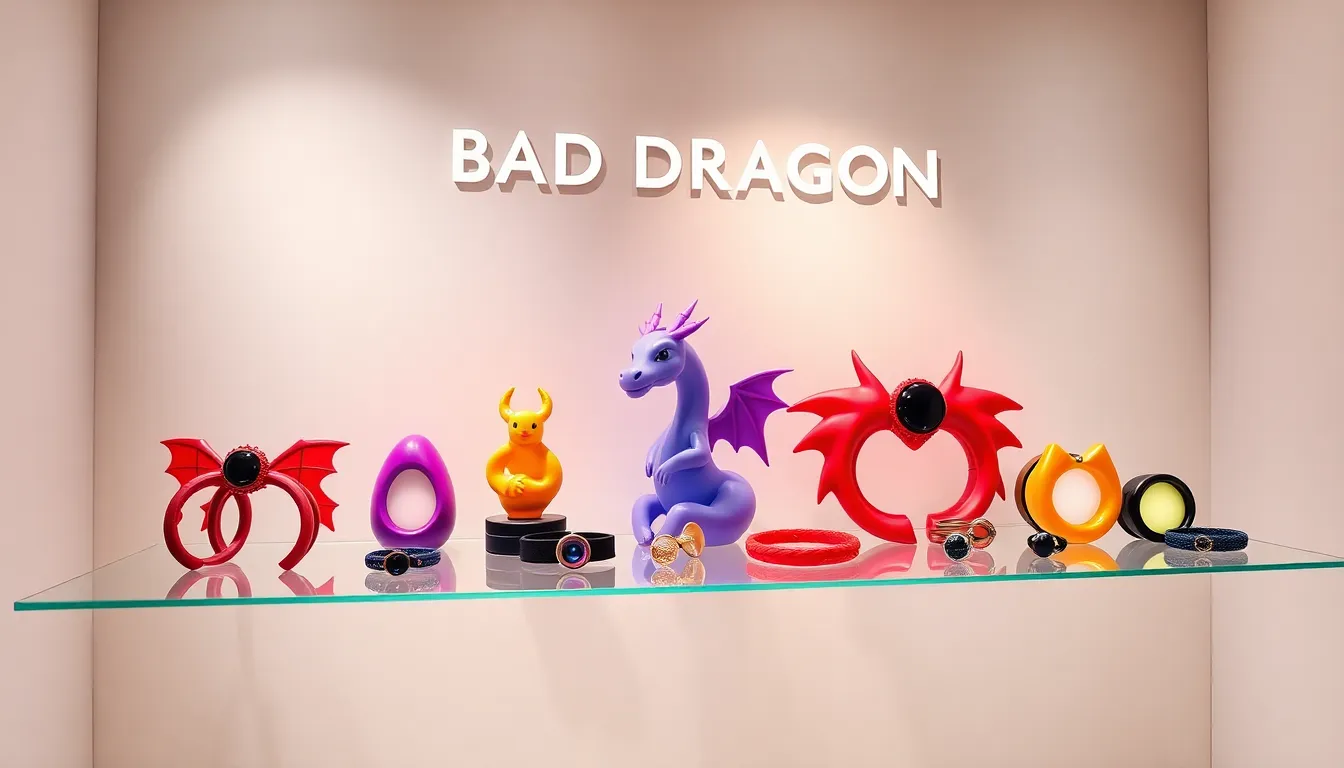 Display of colorful Bad Dragon wearables in a modern setting.