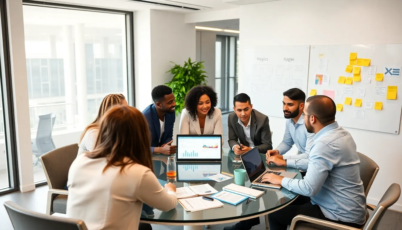 diverse team collaborating in a modern office on Agile methodology.