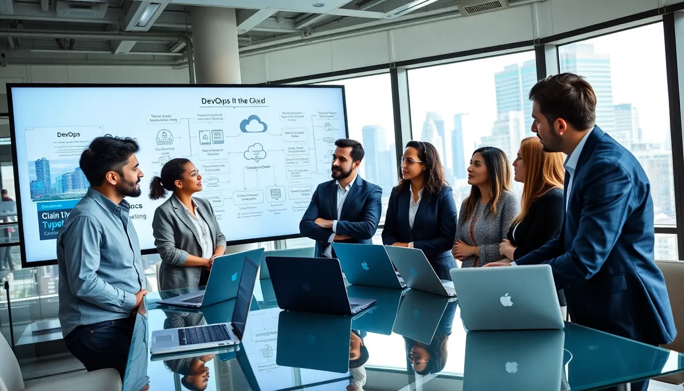 diverse team collaborating on DevOps projects in a modern office.