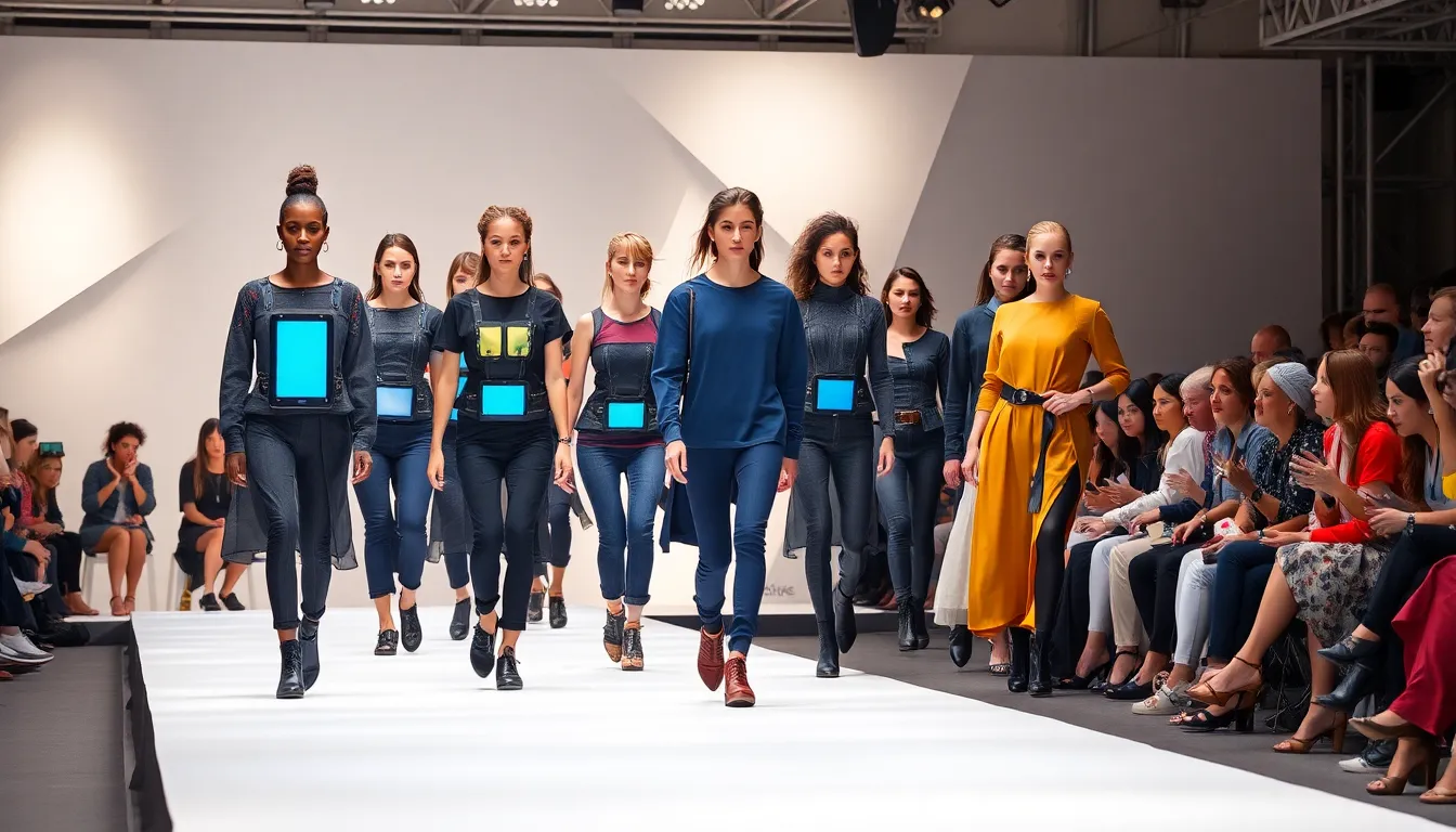 models wearing innovative wearable technology clothing on a fashion runway.
